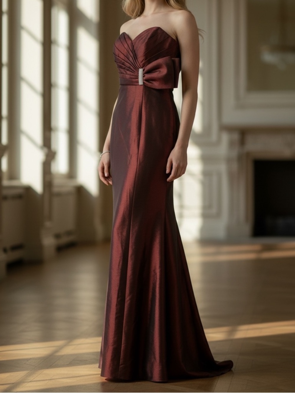 Burgundy Satin Strapless Rhinestone Detail Maxi Formal Bridesmaid Prom Dress XS